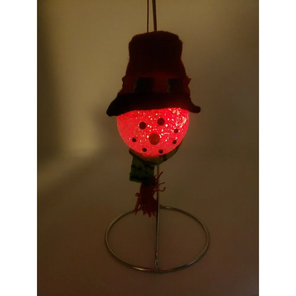 Melted Popcorn Snowman Head Ornament Light Up LED Color Changing Plastic Acrylic